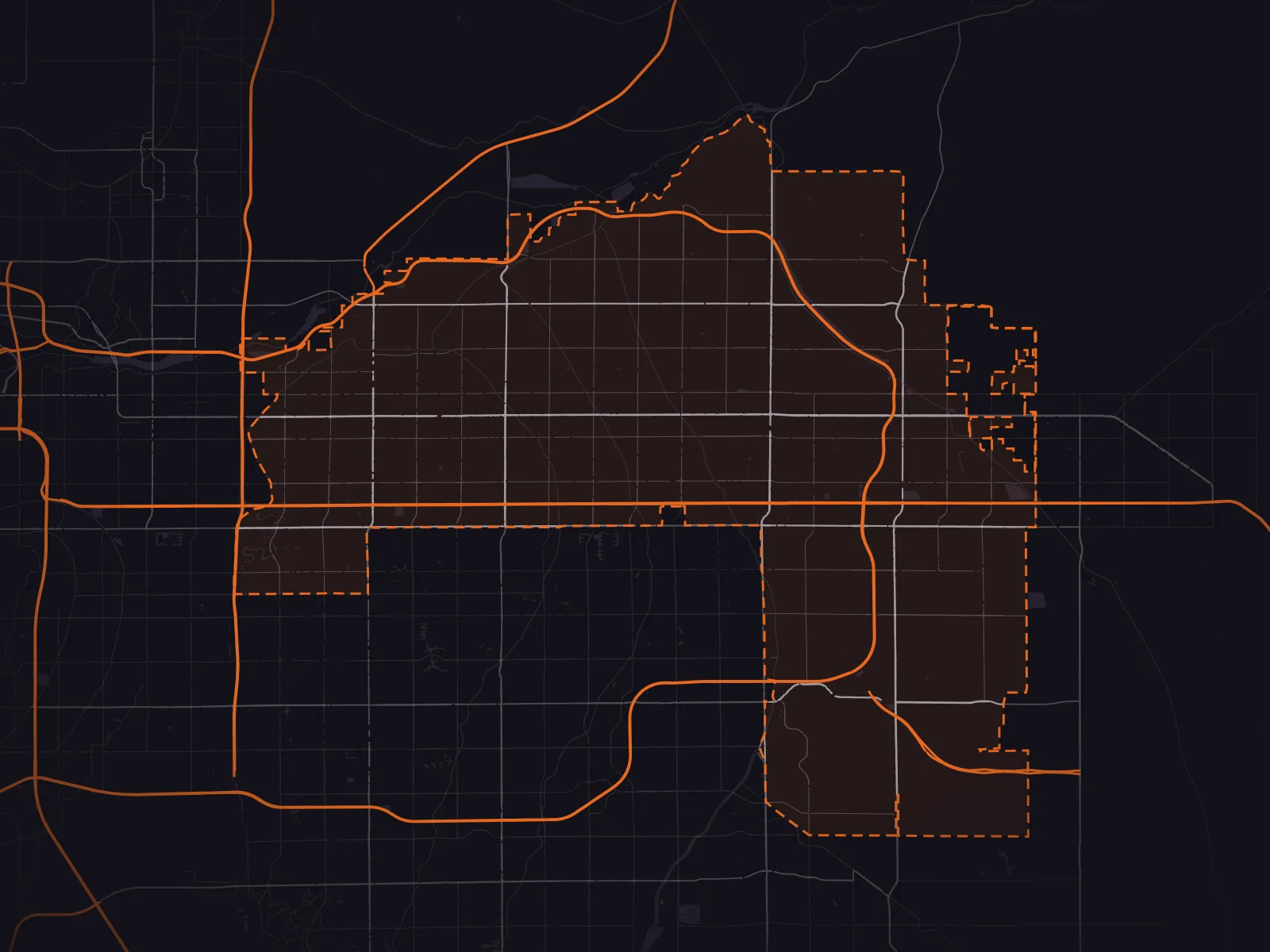 Map of Mesa, Arizona, with the city line and freeways marked and the surrounding cities named.