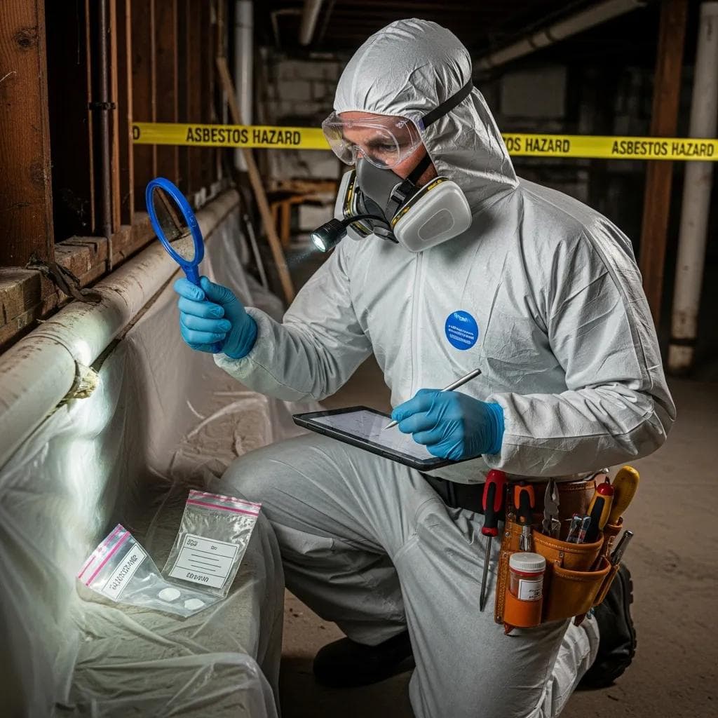 A technician in a protective suit and respirator sampling pipe insulation behind asbestos hazard tape.
